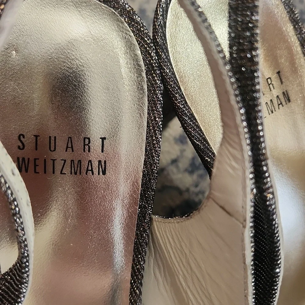Stuart Weitzman Platform Sparkle Shimmer Pyrite Peeptoe Slingback Heel Size 8 - Picture 7 of 8